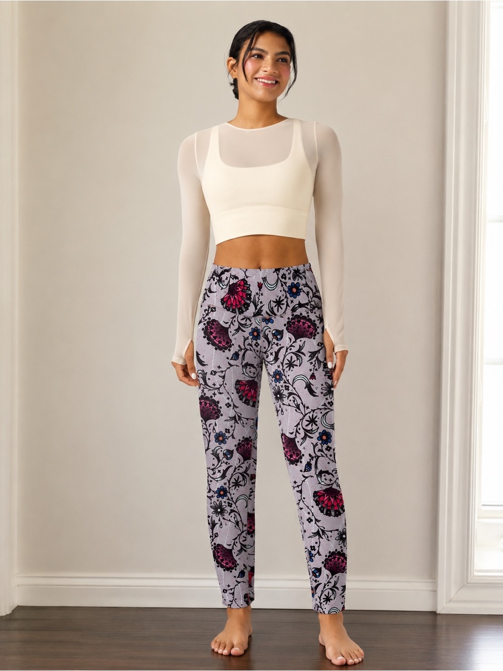 Floral Print Leggings in Gray and Pink